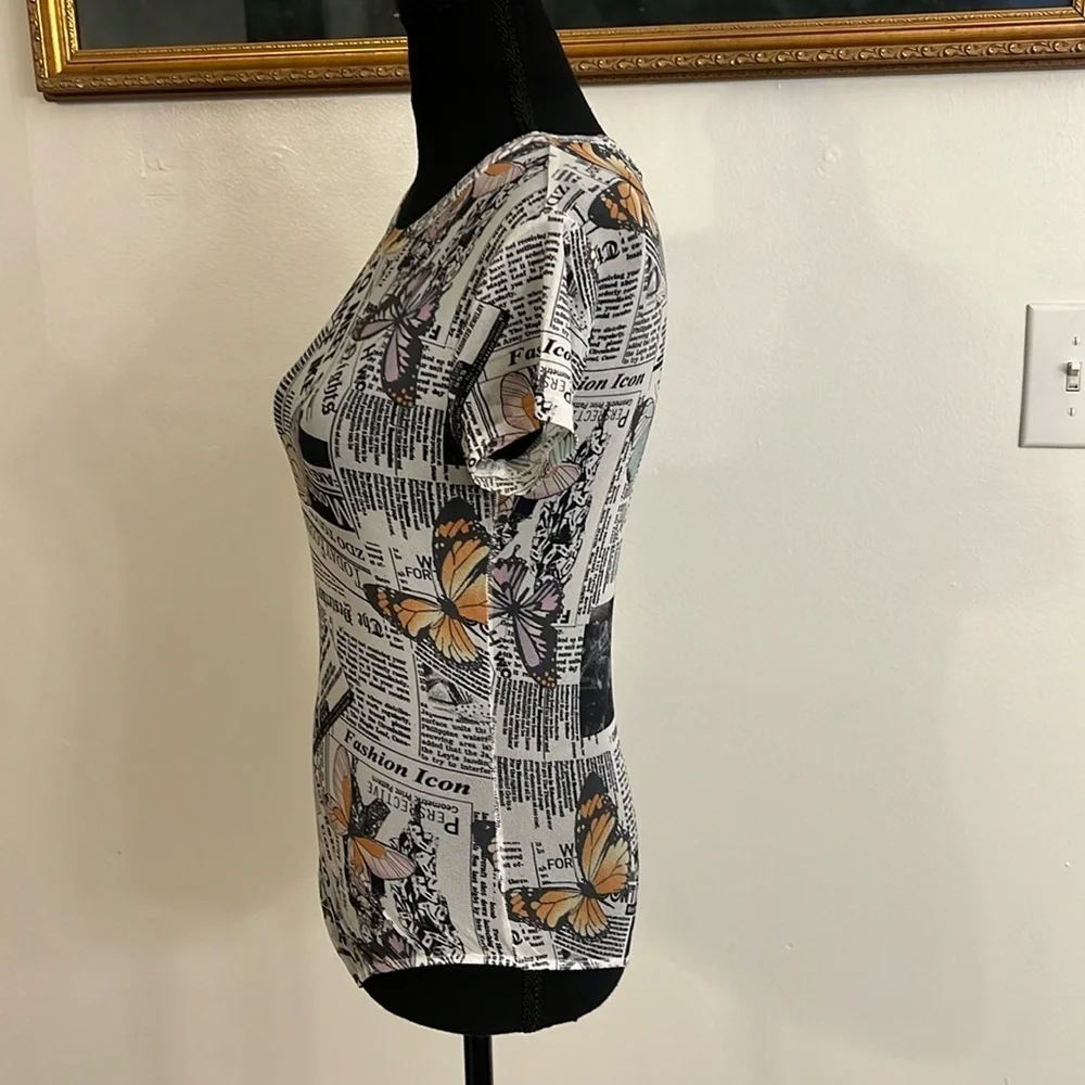 White Black Color Butterfly Newspaper Print Bodysuit by Rue 21, Sz. XS. - Picture 2 of 8